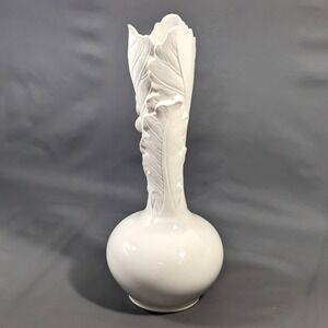 The Haldon Group White Ceramic Leaf Relief Vase Japan 15 Inch Vintage